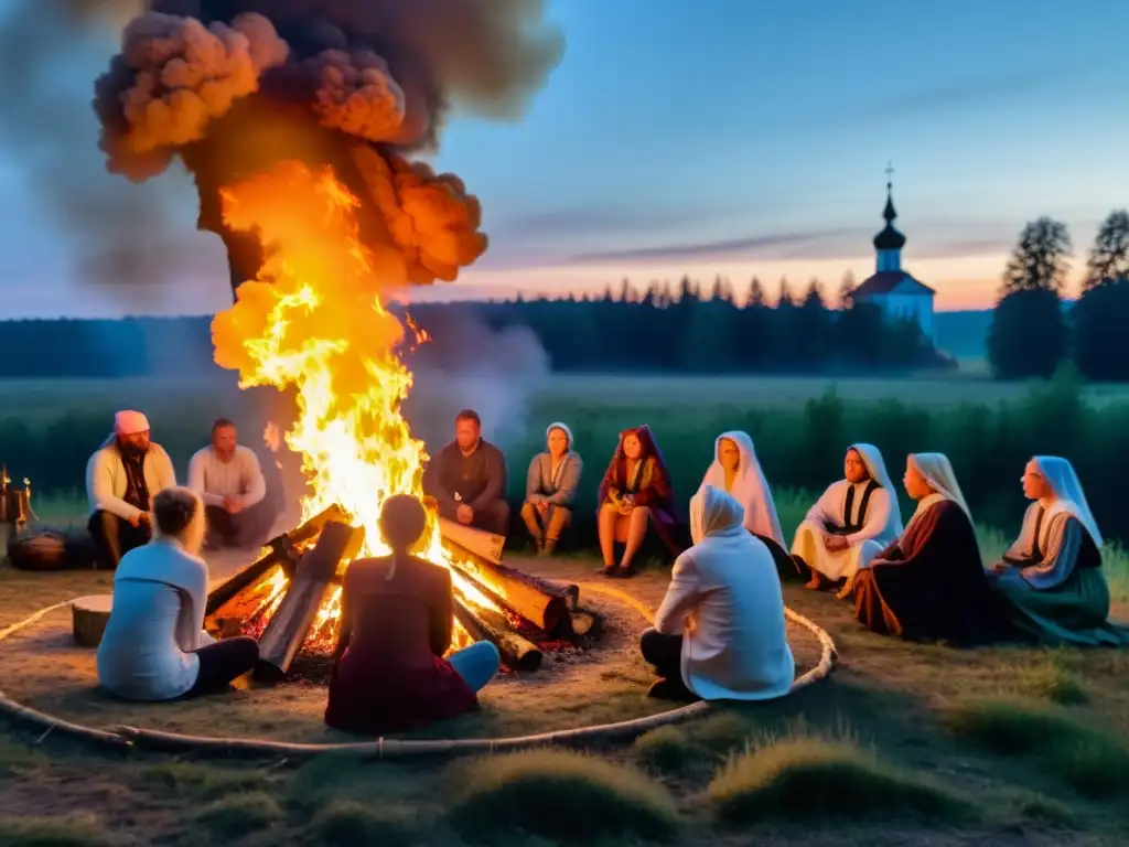 Grupo en trajes eslavos alrededor del fuego en el bosque, celebrando Rituales eslavos de purificación