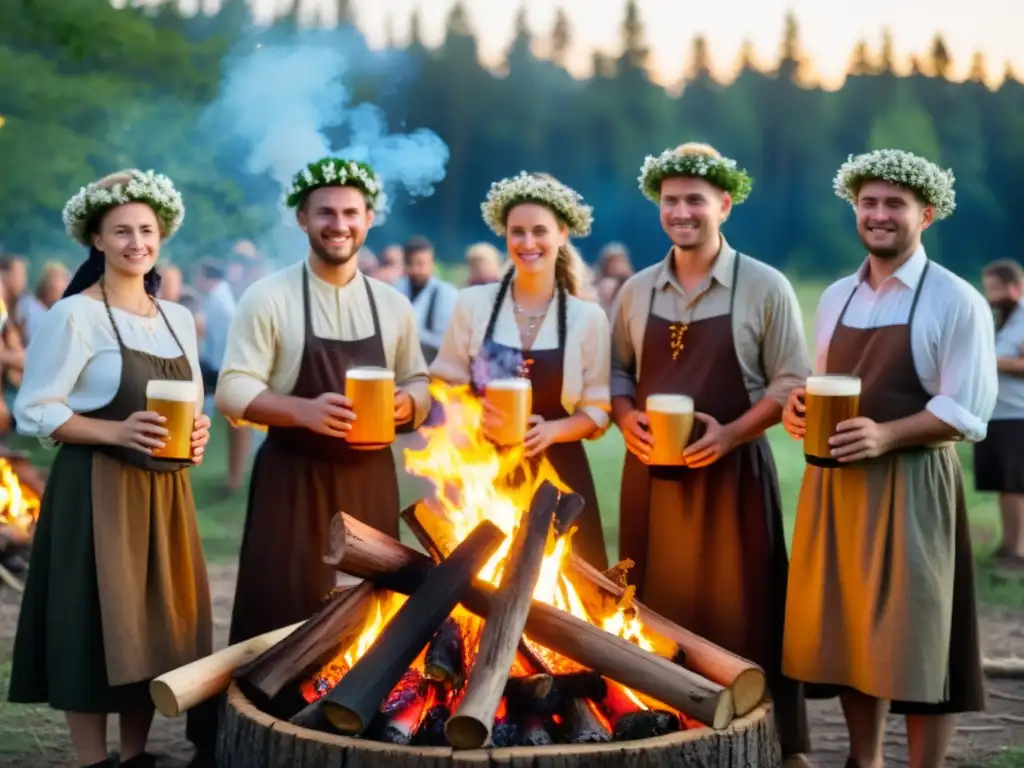 Un grupo en trajes eslavos tradicionales celebra el festival de Iván Kupala alrededor de una fogata en el bosque