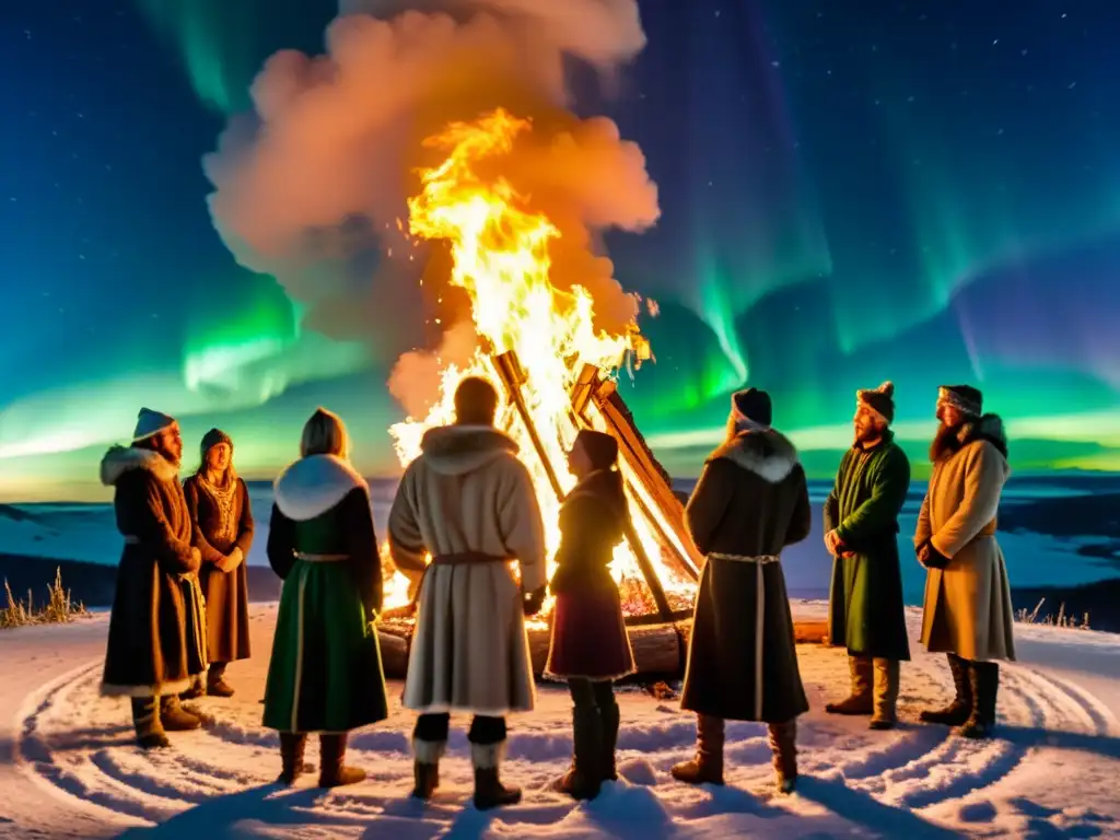 Un grupo en trajes nórdicos antiguos rodea una hoguera, con la aurora boreal sobre ellos