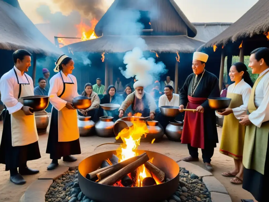 Grupo en trajes religiosos cocina en rituales con técnicas ancestrales alrededor de fogata