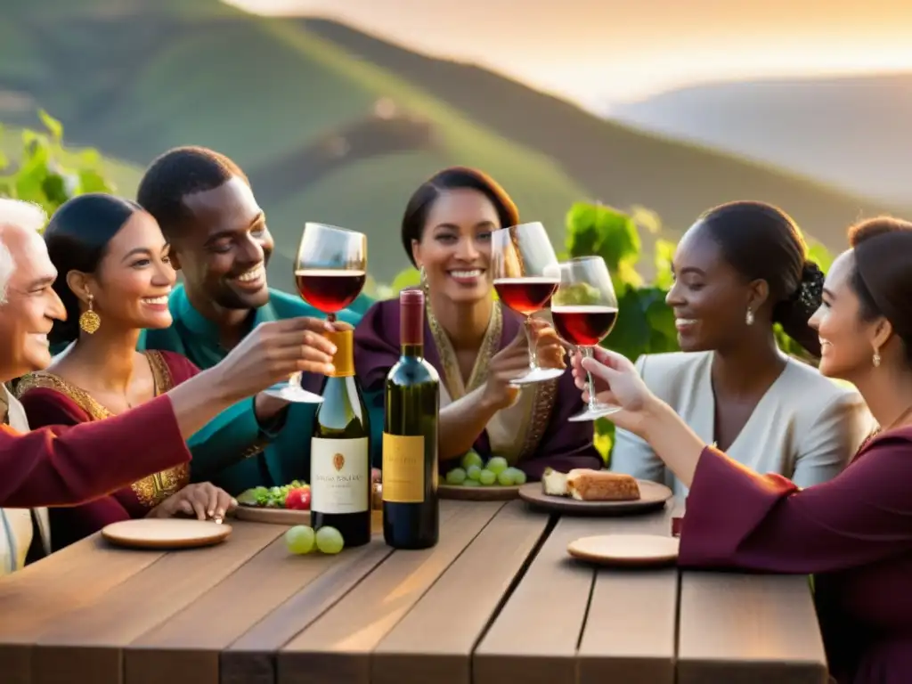 Grupo en trajes tradicionales disfruta vino al atardecer, resaltando la importancia del vino en rituales