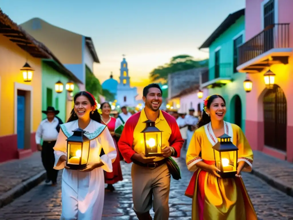 Un grupo en trajes tradicionales camina cantando en una calle empedrada, en la reenactment del ritual navideño latinoamericano Las Posadas