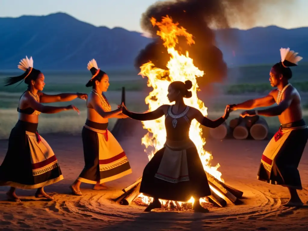 Un grupo en trajes tradicionales realiza una danza alrededor del fuego, expresando espiritualidad y cultura en un ritual terapéutico