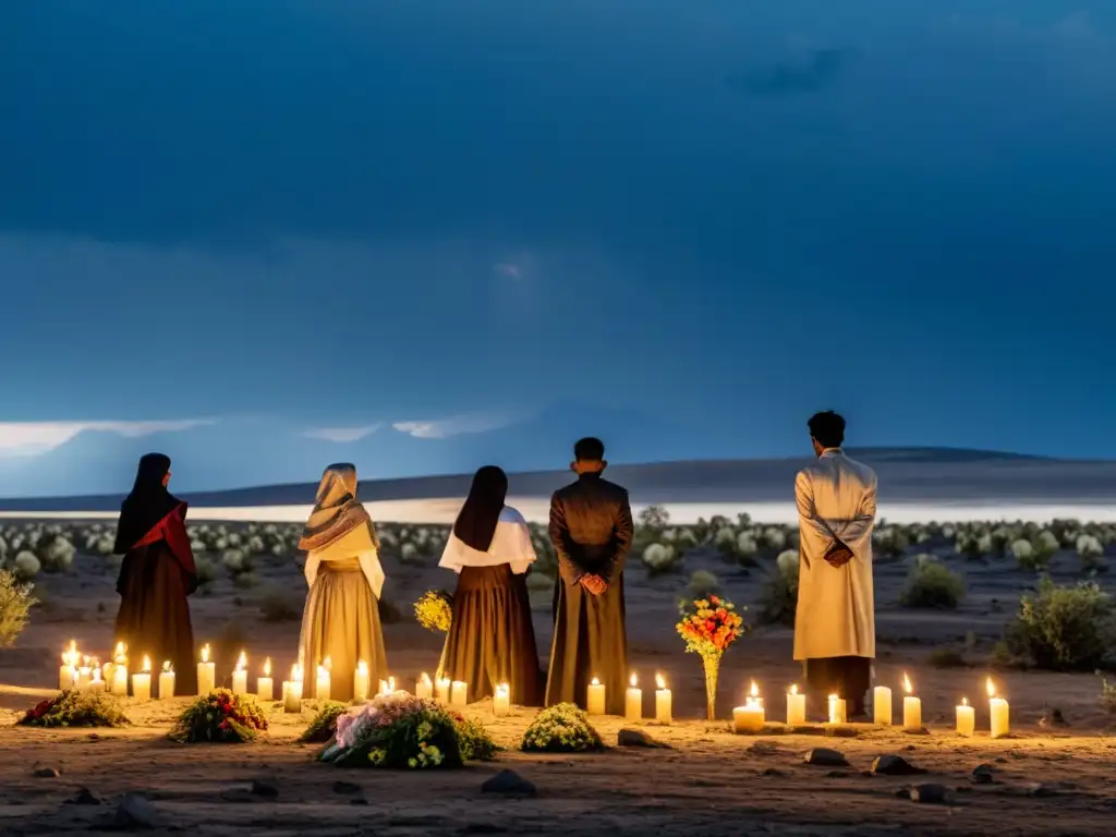 Un grupo en trajes tradicionales lamenta la devastación de la naturaleza en un paisaje árido