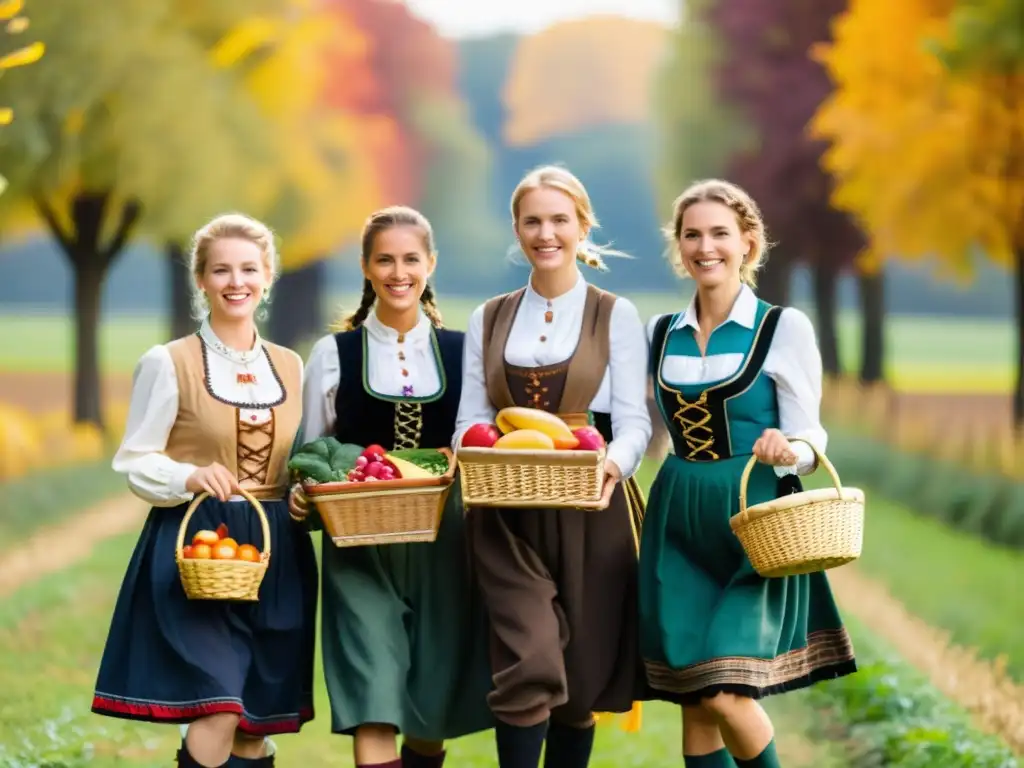 Grupo en trajes tradicionales de Alemania celebrando Erntedankfest en un campo verde con cosecha