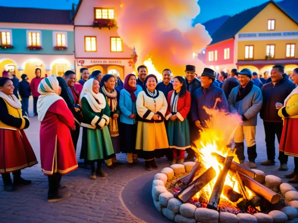 Grupo en trajes tradicionales alrededor de fogata en ritual navideño latinoamericano Las Posadas, unión y tradición festiva