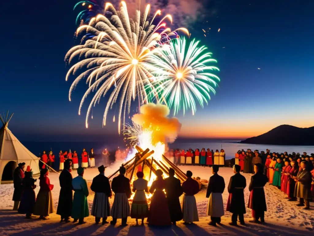 Grupo en trajes tradicionales celebrando con fuegos artificiales en ceremonias de Año Nuevo exóticas