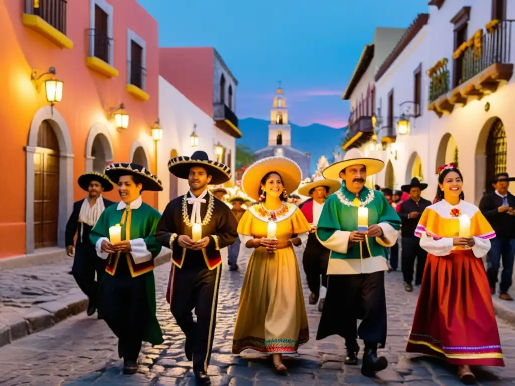 Grupo en trajes tradicionales mexicanos, cantando y llevando velas en ritual navideño latinoamericano Las Posadas por una calle empedrada festiva