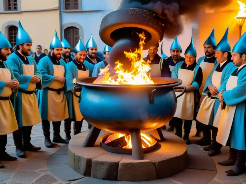 Un grupo en trajes tradicionales realiza el ritual Queimada Gallega para alejar el mal ojo, en medio de un bosque oscuro iluminado por llamas azules