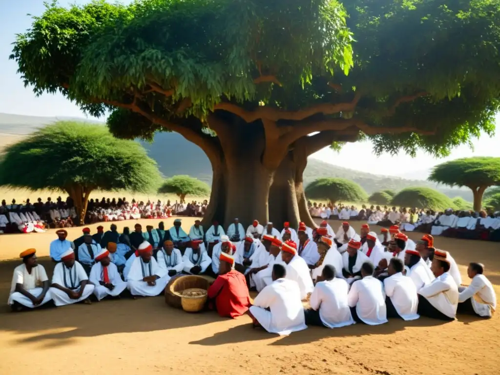 Un grupo de ancianos Oromo en trajes tradicionales realizando rituales de la ceremonia Gadaa bajo la sombra de un gran árbol, rodeados de espectadores