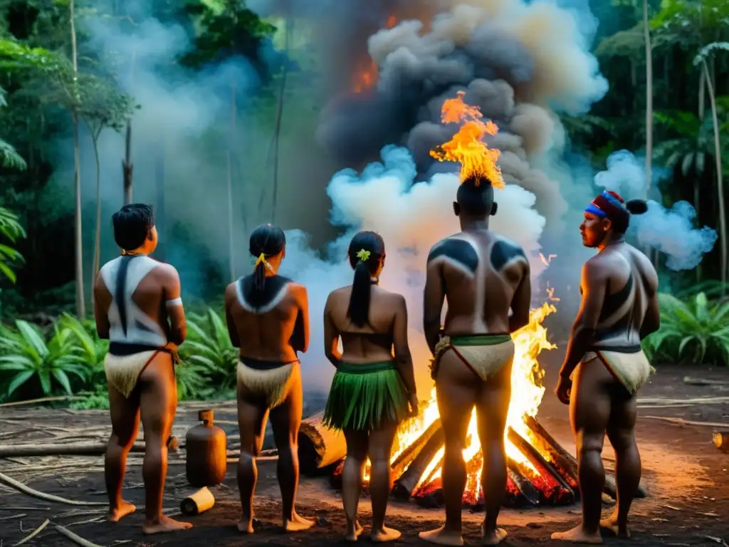 Grupo de tribus Piaroa en ceremonia del Tepuy, con fuego sagrado en la selva