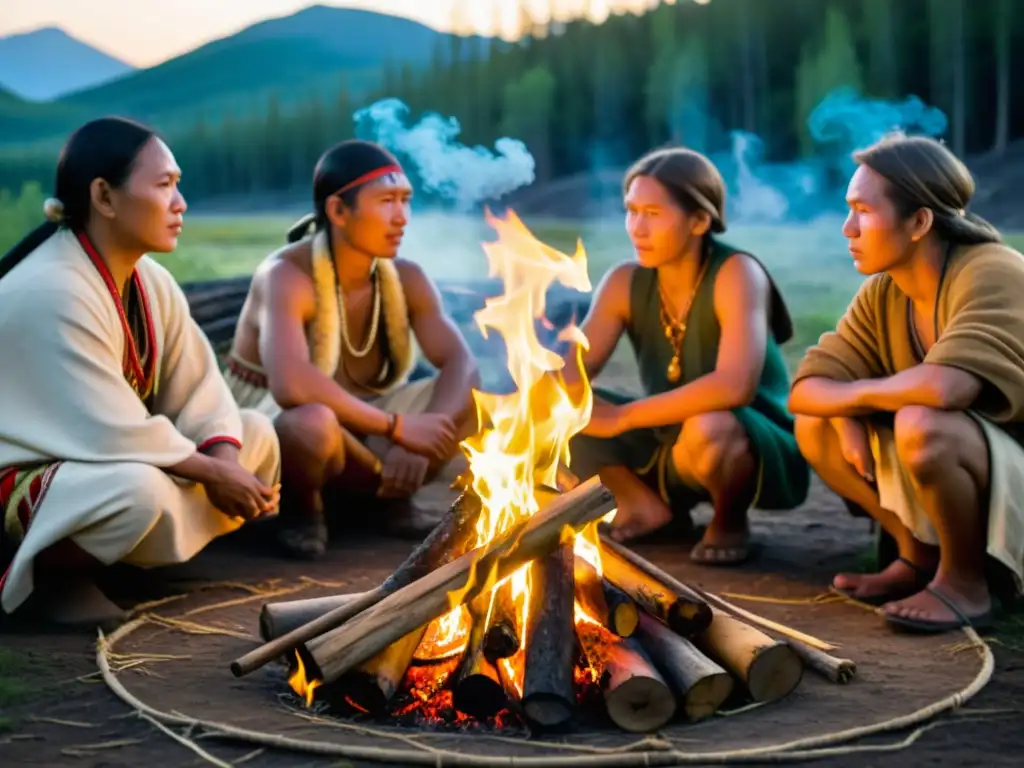 Un grupo de tribus siberianas celebra el solsticio de verano con rituales antiguos alrededor de una gran hoguera en el bosque