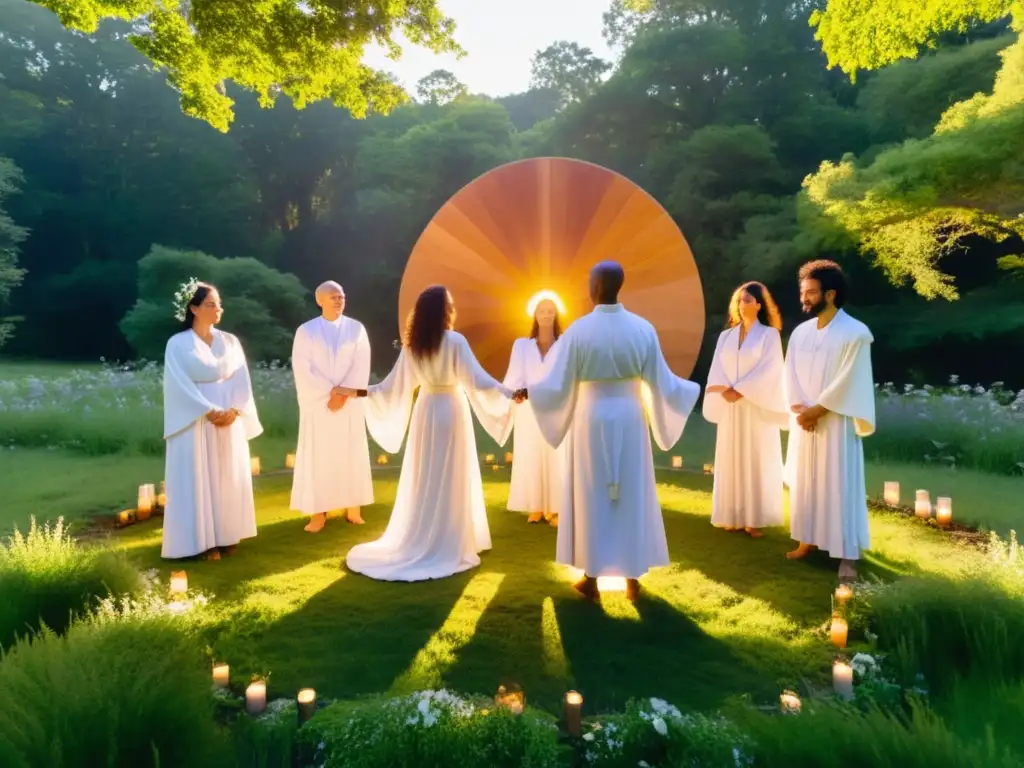 Un grupo en túnicas blancas celebra un ritual de equinoccio y primavera al amanecer, rodeados de naturaleza