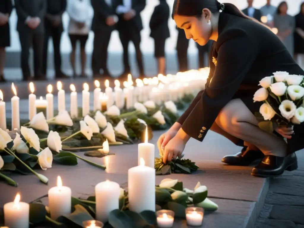 Grupo enciende velas y coloca flores en memorial, expresiones sombrías