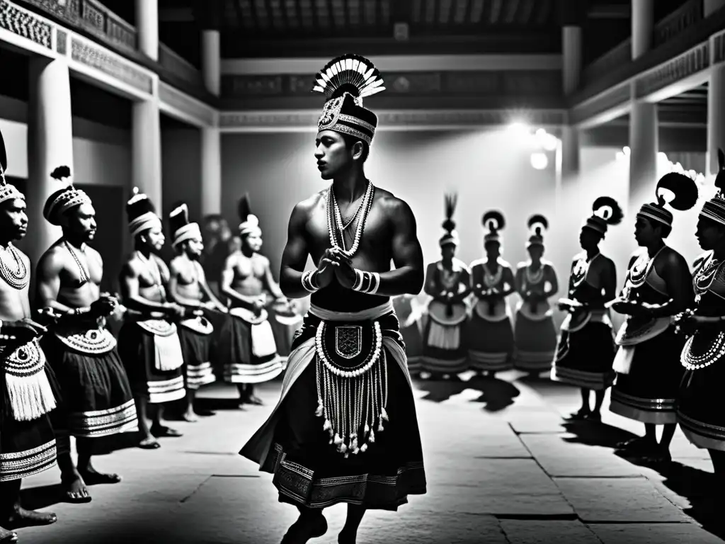 Grupo en ritual, comunicación no verbal en rituales, danza tradicional y expresiones intensas en templo adornado