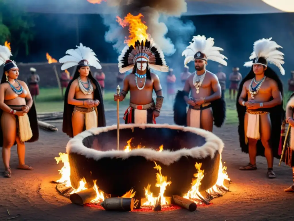 Grupo en vestimenta ceremonial, realizando un ritual alrededor del fuego en la naturaleza