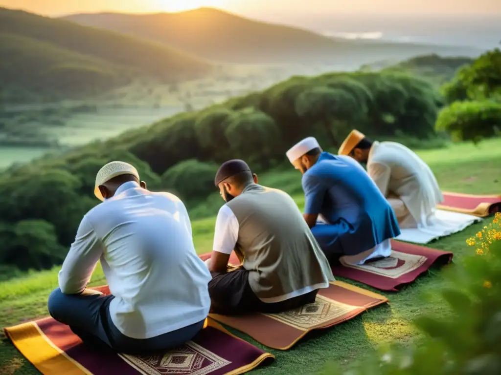 Grupo de viajeros musulmanes realizando la oración Salat en un entorno natural, transmitiendo la esencia de los rituales musulmanes en el extranjero