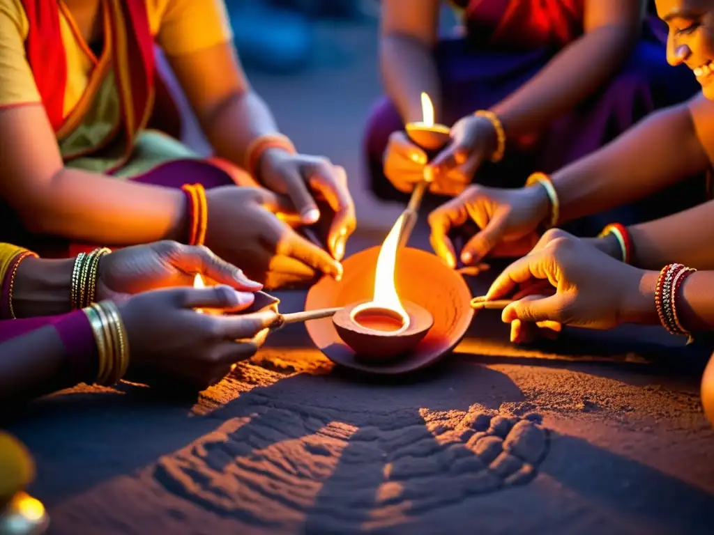 Grupo iluminando diyas en el vibrante festival Diwali en India