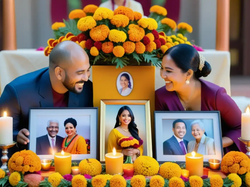 Grupo en vibrantes trajes tradicionales celebra la vida en altar colorido con flores, velas y fotos