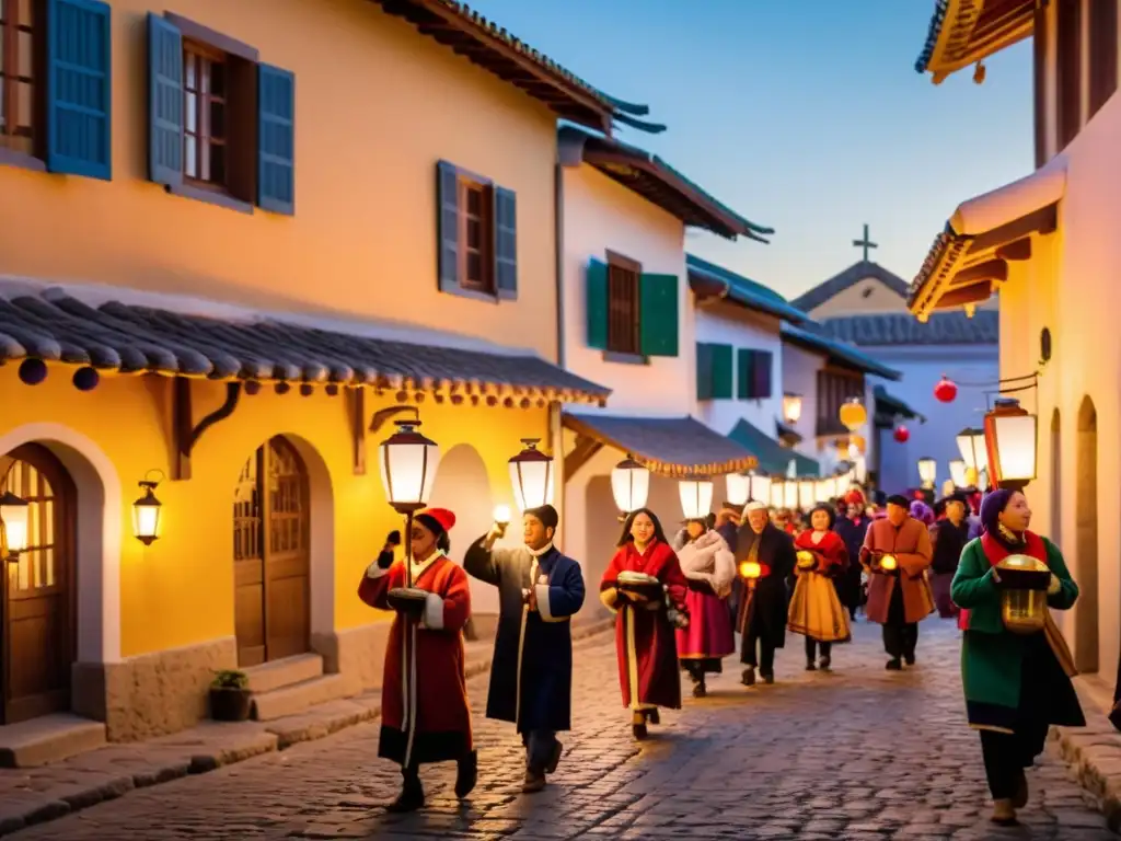 Un grupo canta villancicos con linternas en un ritual navideño latinoamericano Las Posadas, iluminando calles de adobe