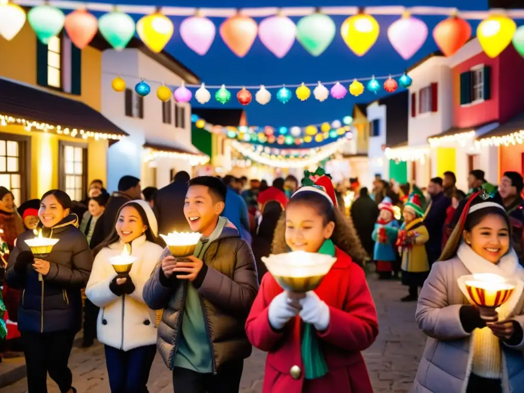 Grupo cantando villancicos en Las Posadas, con luces y decoraciones navideñas coloridas