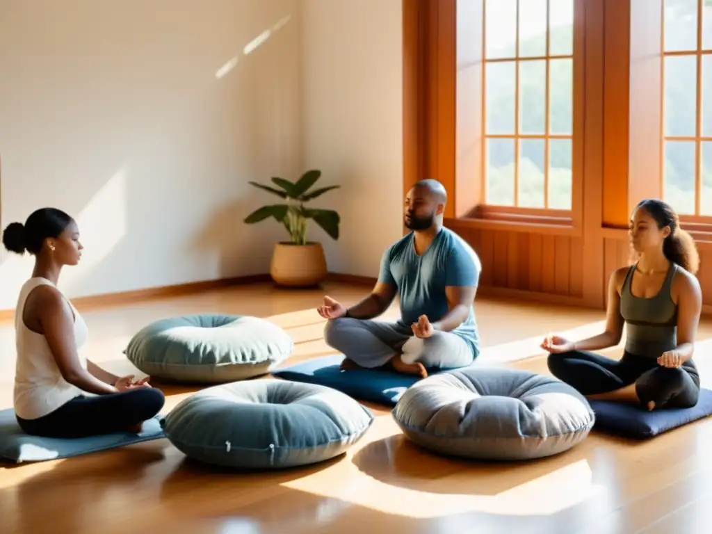 Grupo en meditación Vipassana, inmersos en ritual de purificación mental, en ambiente sereno y luminoso