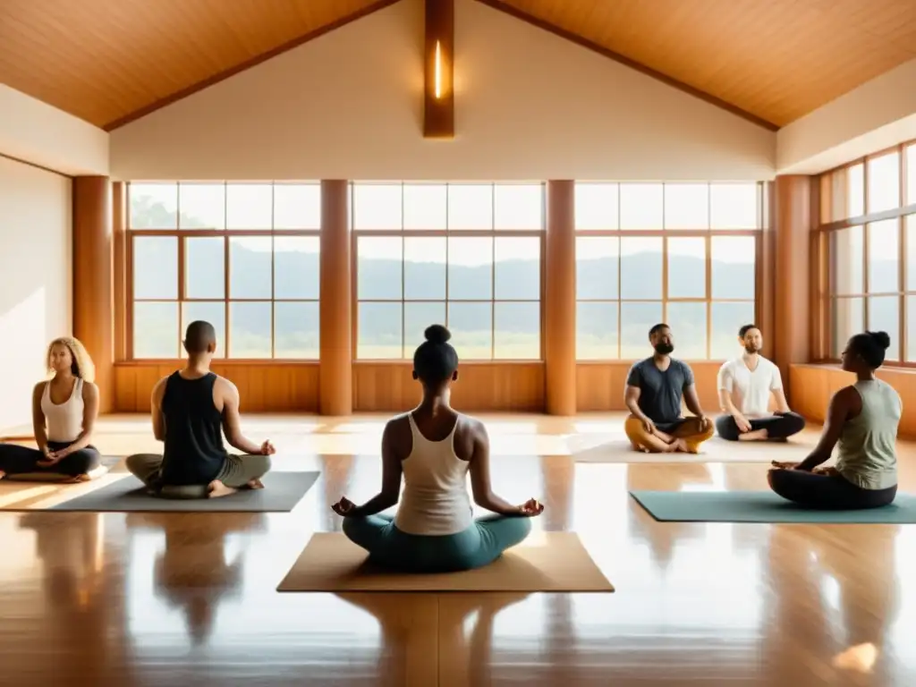 Un grupo practica meditación Vipassana en un salón iluminado por el sol, en un ambiente sereno y tranquilo