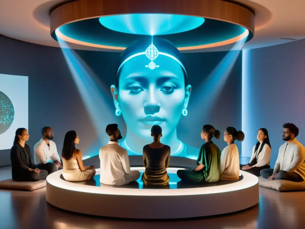 Un grupo interactúa con un chamán virtual AI en un ritual de rituales personalizados inteligencia artificial en un espacio tenue e innovador