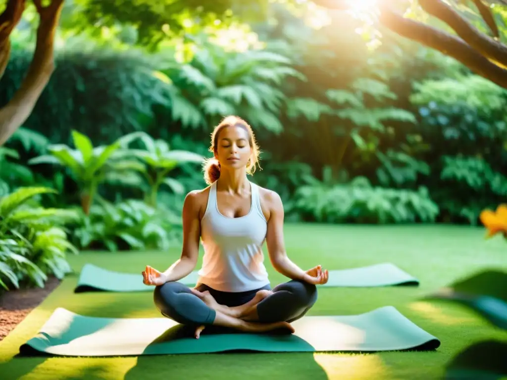 Grupo practicando yoga en un jardín ayurvédico, disfrutando los beneficios del yoga y suplementos ayurvédicos en un entorno tranquilo y natural