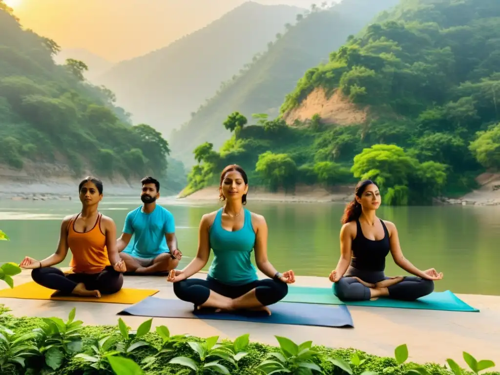 Grupo de yoguis en Rishikesh practicando yoga junto al río Ganges, en un escenario natural de paz y espiritualidad