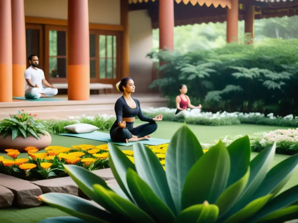 Grupo practicando yoga en un patio hindú, rodeado de vegetación exuberante y flores vibrantes