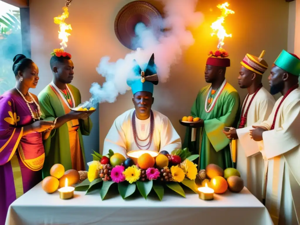 Grupo Yoruba en ritual, adorando a deidades con ofrendas coloridas y danzas sagradas, capturando devoción en la religión Yoruba