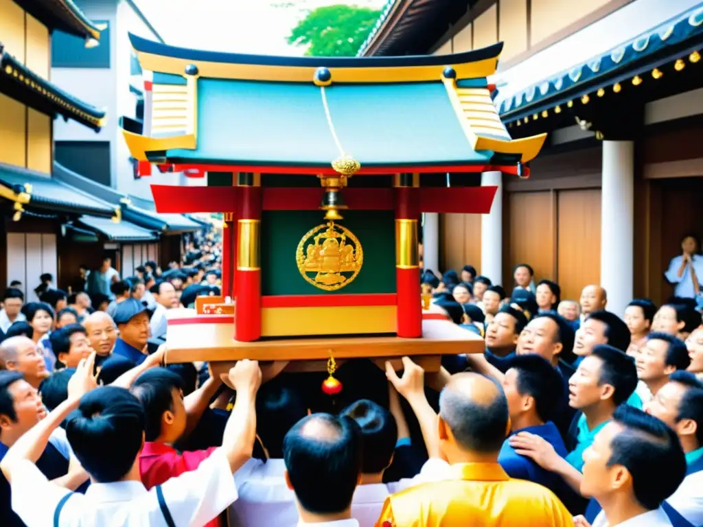 Guardianes Sintoístas llevan el vibrante mikoshi durante el Sanja Matsuri festividad, llenando la imagen de energía y tradición japonesa