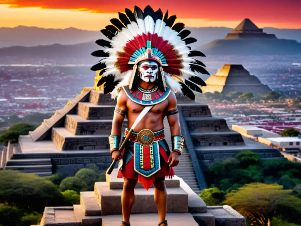 Un guerrero azteca en un atuendo ceremonial con tocado de plumas, ante un atardecer rojizo y una ciudad