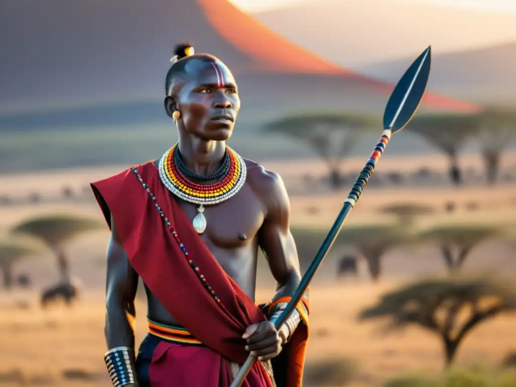 Un guerrero Maasai con atuendo tradicional y joyería de colores, sosteniendo una lanza frente a la vasta sabana africana al atardecer