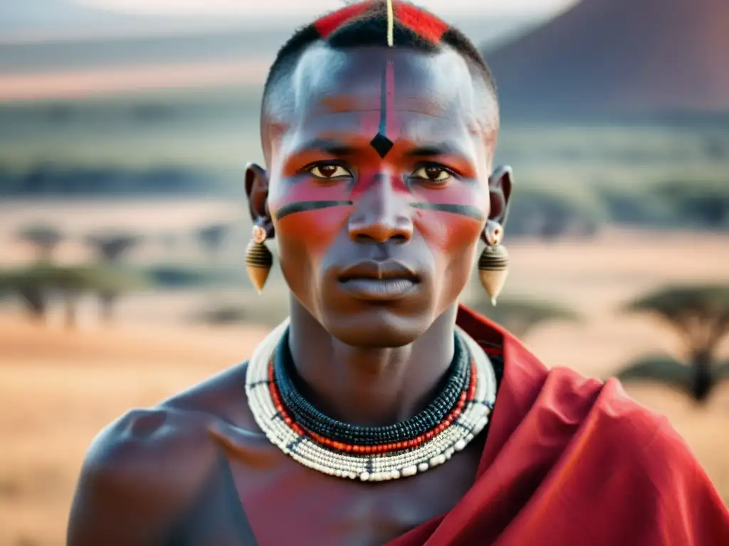 Un guerrero Maasai con atuendo tradicional en la sabana africana al atardecer, mostrando los ritos de paso Maasai documentados