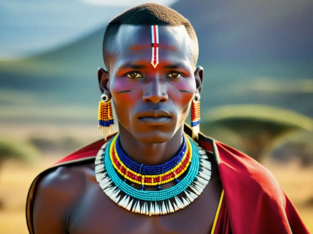 Un guerrero Maasai viste colorida vestimenta y joyería ceremonial, destacando la tradición cultural en la sabana africana