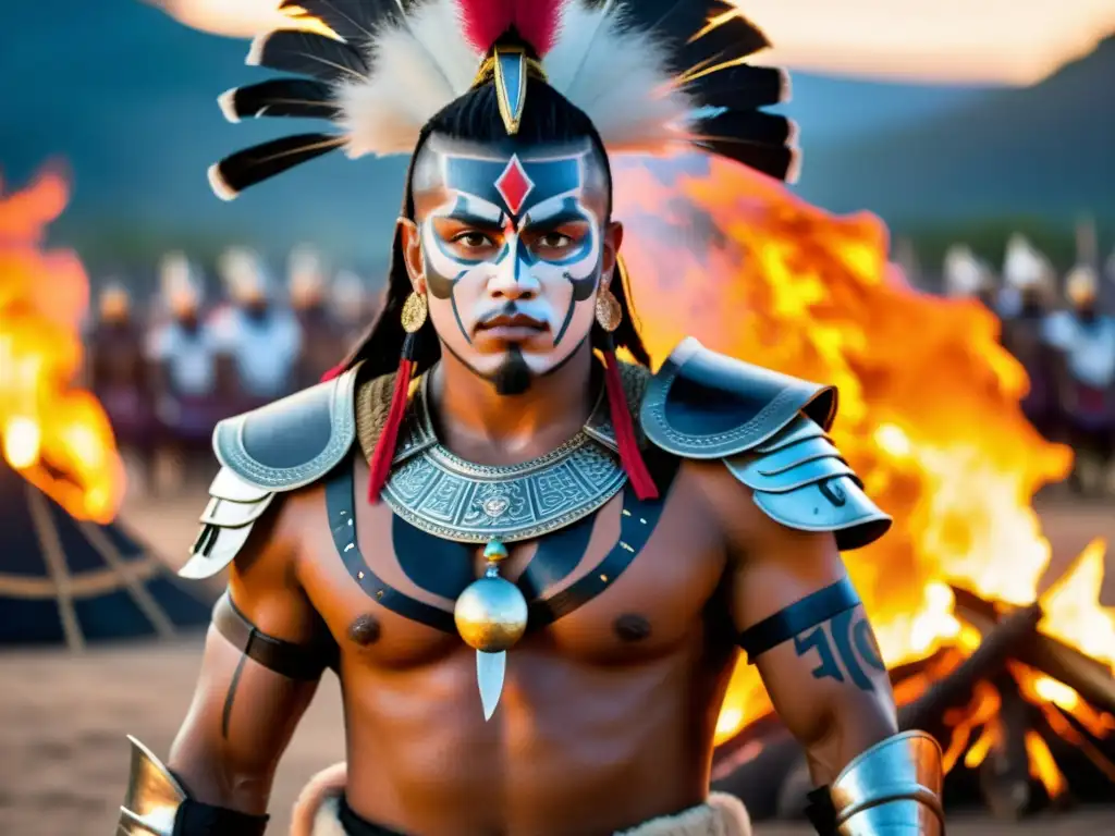 Guerrero tribal danzando frente a fogata en rituales de guerra en culturas, con símbolos pintados y armadura ceremonial