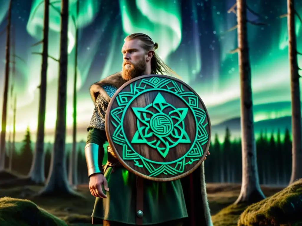 Un guerrero vikingo con símbolos rúnicos mágicos en su escudo, frente a un bosque místico con auroras boreales en el cielo