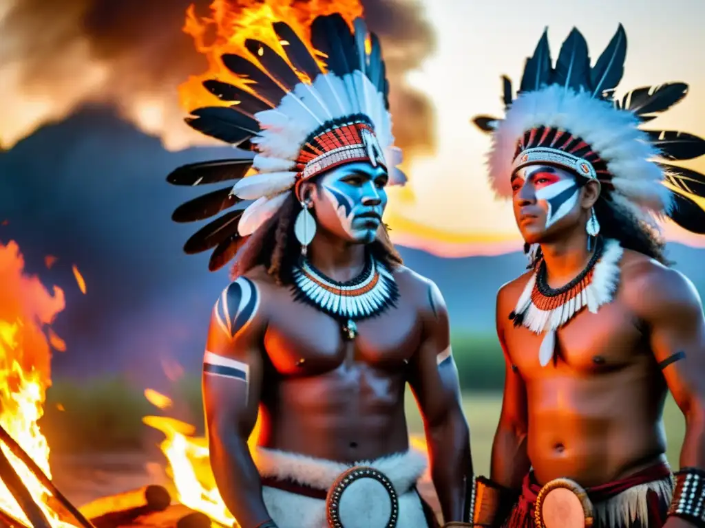 Guerreros indígenas con plumas y pinturas en ritual alrededor de fogata