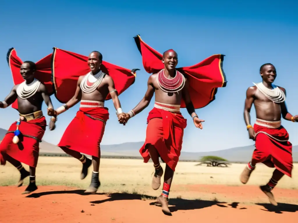 Guerreros Maasai danzando en una boda tradicional, saltando con gracia en la sabana