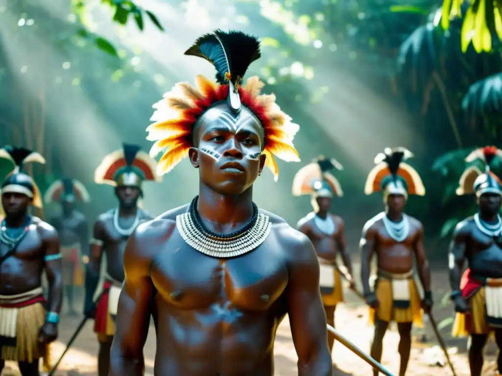 Guerreros Zande realizando prácticas de combate tradicionales en la selva africana, con pinturas corporales y tocados de plumas