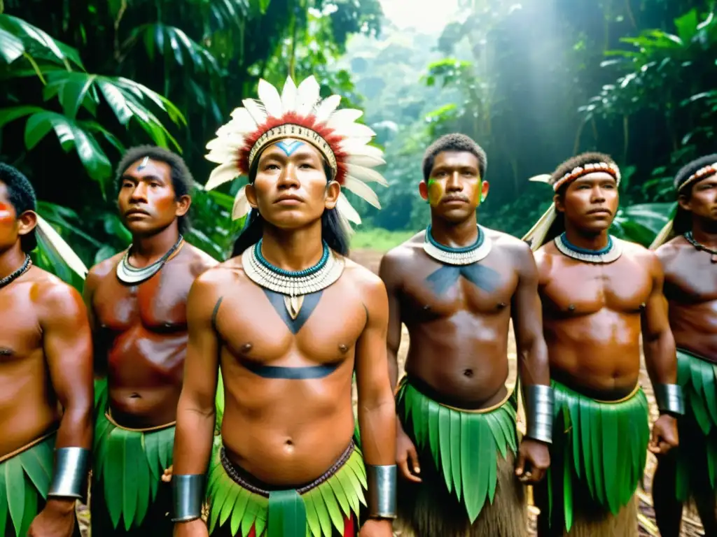 Guerreros Yanomami se preparan para rituales de iniciación en la selva amazónica, rodeados de exuberante vegetación y armados con lanzas y arcos