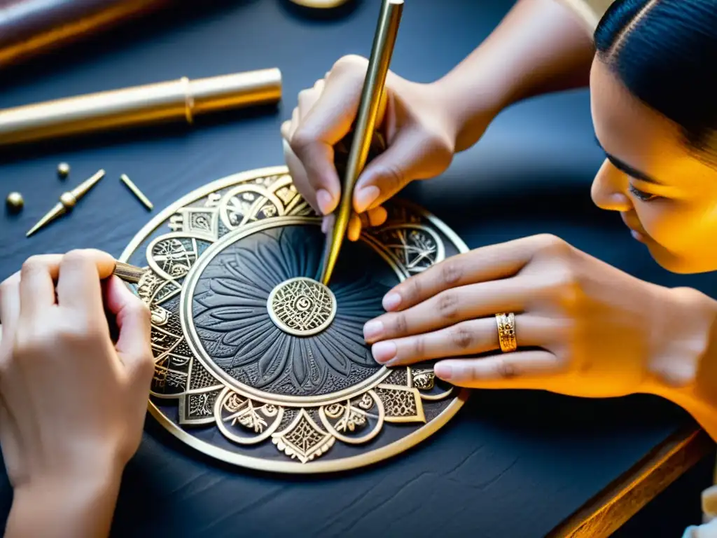 Un hábil artesano de una cultura ancestral graba patrones en una joya, mostrando las técnicas ancestrales de consagración de joyería