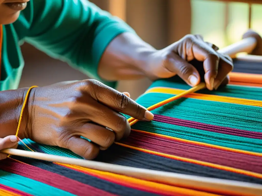 Un hábil artesano indígena teje con destreza una colorida creación artesanal ritual, resaltando la rica herencia cultural