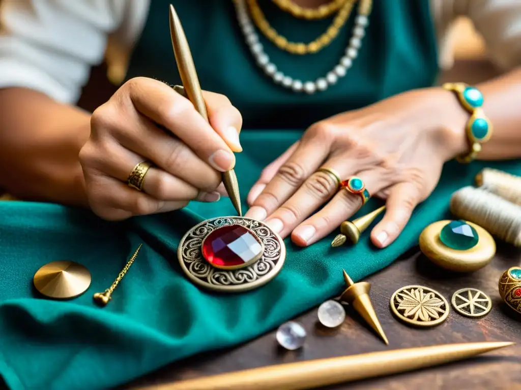 Un hábil artesano crea con reverencia un amuleto tradicional, inmerso en la rica cultura de la creación de amuletos y talismanes