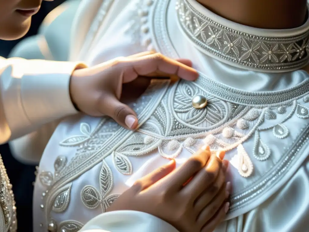 Un hábil artesano borda delicadamente un traje ritual blanco con hilo plateado, resaltando la importancia del color en rituales