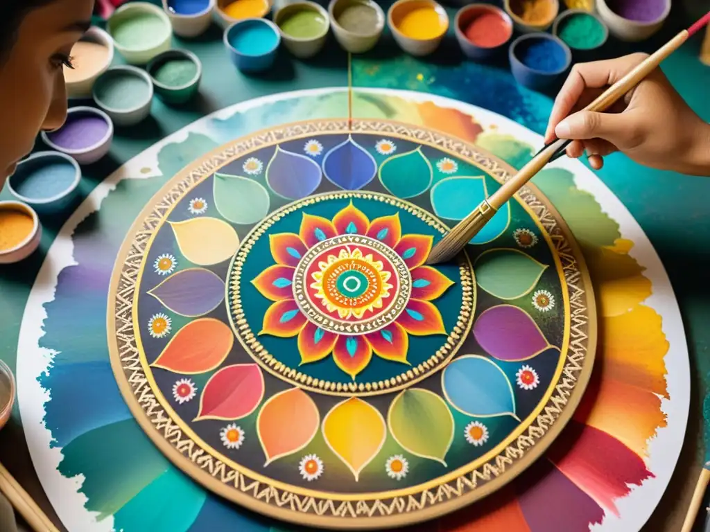 Un hábil artista pinta con concentración una vibrante mandala en un lienzo rodeado de pigmentos y pinceles