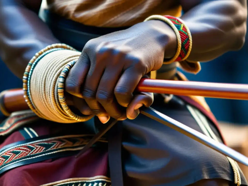 La hábil mano de un guerrero Zande envuelve con destreza un arma tradicional, destacando la artesanía y las prácticas de combate tradicionales Zande