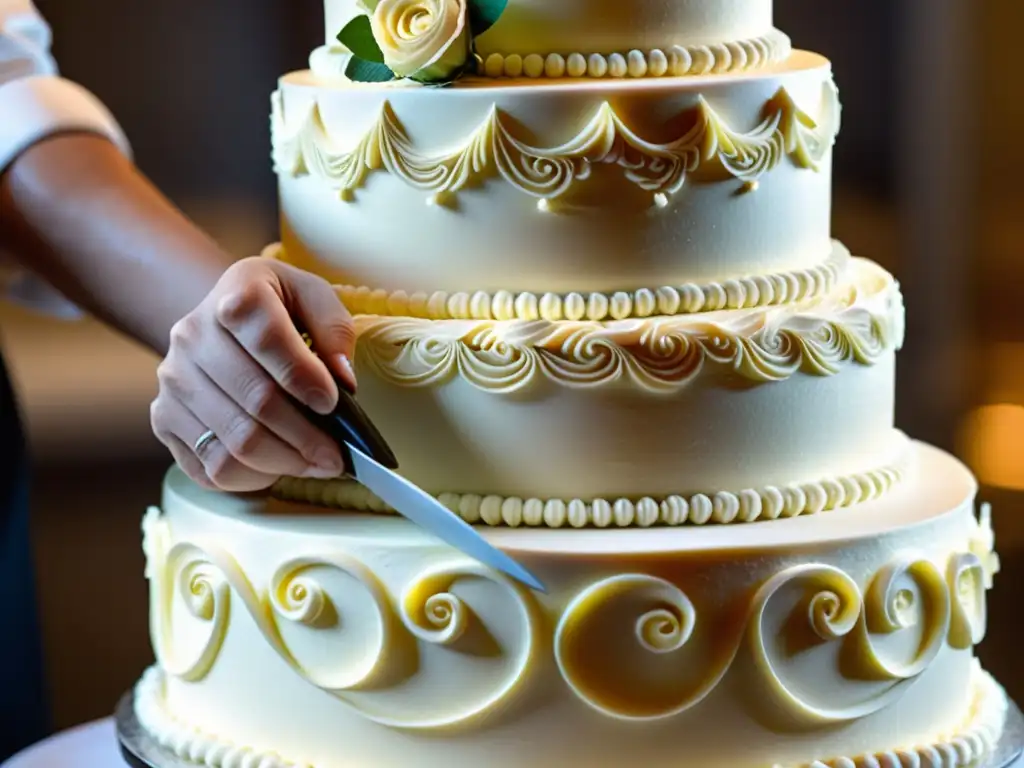 Un hábil pastelero decora con precisión una torta de bodas, mostrando el significado cultural y artístico de esta tradición